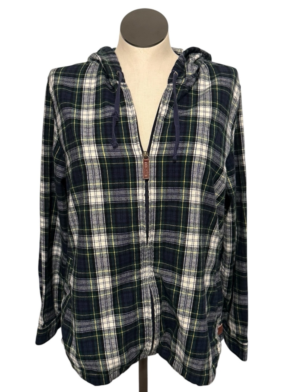 L.L. Bean Navy, Green & White Plaid Hooded Zip-Front Sweatshirt